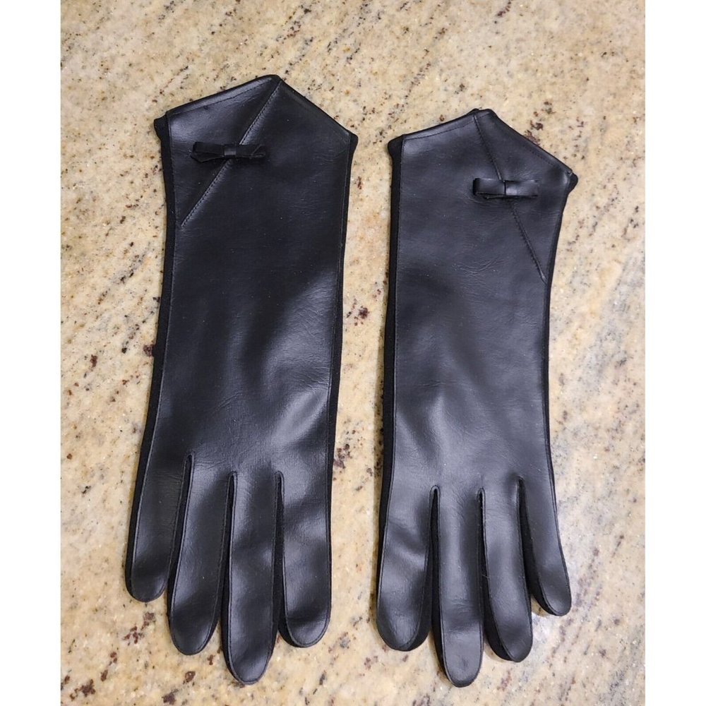 Vintage Size M Faux Leather Stretch 11" Formal Black Gloves Bow Accent Japan